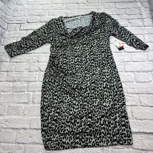 ALLISON‎ BRITTNEY Dress Large Leopard Print Gray Drape Neck Shift NWT